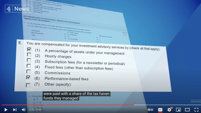 Pane

E. You are compensated for your investment

advisory services by (check all that apply).
jv (1) A percentage of assets under your management

(2) Hourly charges

(3) Subscription fees (for a newsletter or periodical)
(4) Fixed fees (other than subscription fees)

(5) Commissions

(6) Performance-based fees

(7) Other (specify):

were paid with a share of the tax haven
funds they managed

6 of &
> Ppl @ 6:26/9:42