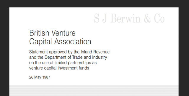 British Venture
Capital Association

Statement approved by the Inland Revenue
and the Department of Trade and Industry
on the use of limited partnerships as
venture capital investment funds

26 May 1987