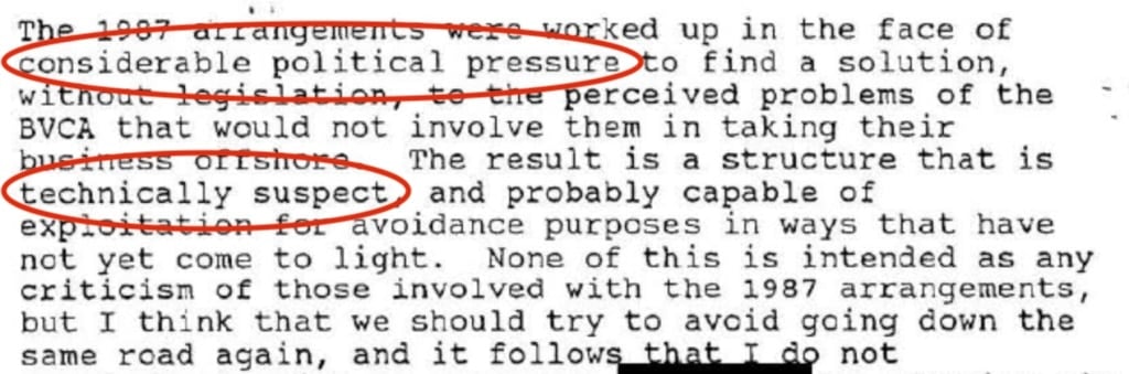 xed up in the face of

o find a solution,

Perceived problems of the ~-

BVCA that would not involve them in taking their .
e The result is a structure that is

and probably capable of

voidance purposes in ways that have

not yet come to light. None of this is intended as any

criticisn of those involved with the 1987 arrargements,

but I think that we should try to avcid gaing down the

same road again, and it follows that TO do not