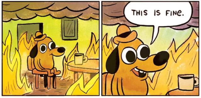 A dog inside a house on fire, saying "This is fine".