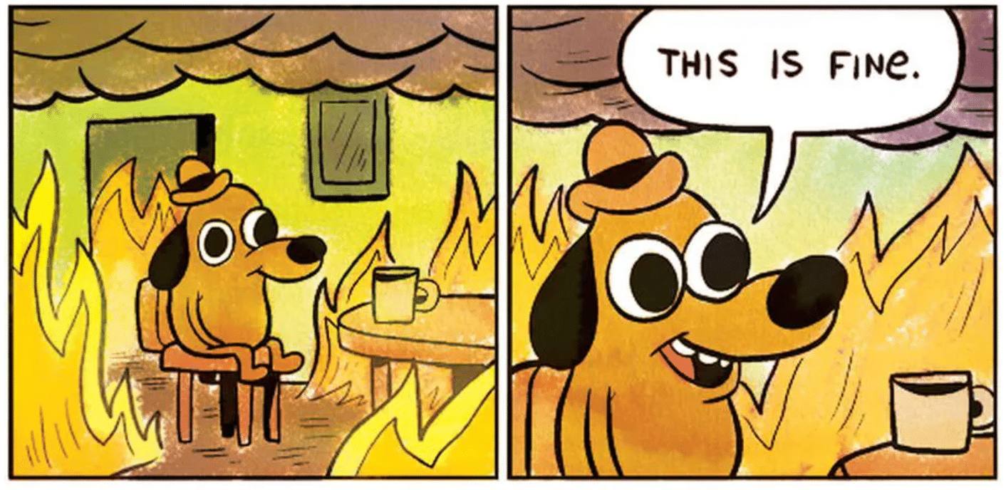 A dog inside a house on fire, saying "This is fine".