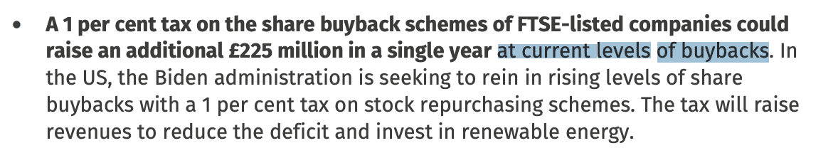 • A 1 per cent tax on the share buyback schemes of FTSE-listed companies could
raise an additional £225 million in a single year at current levels of buybacks. In
the US, the Biden administration is seeking to rein in rising levels of share
buybacks with a 1 per cent tax on stock repurchasing schemes. The tax will raise
revenues to reduce the deficit and invest in renewable energy. 