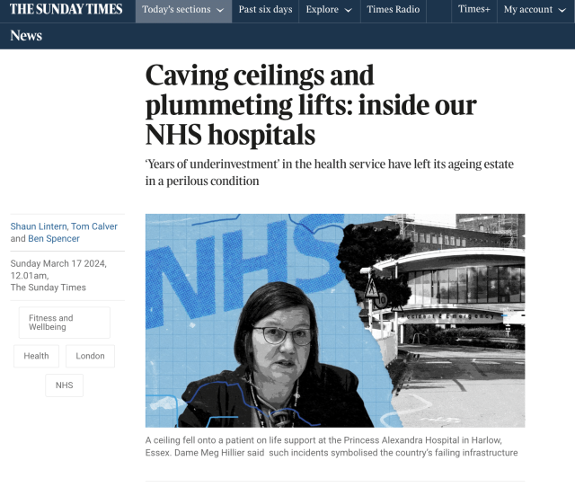 THE SUNDAY TIMES Today's sections ~ Pastsixdays Explore ~ Times Radio Times+ Myaccount ~

News

Caving ceilings and
plummeting lifts: inside our
NHS hospitals

‘Years of underinvestment’ in the health service have left its ageing estate
ina perilous condition

Shaun Lintern, Tom Calver
and Ben Spencer

Sunday March 17 2024,
12.01am,
The Sunday Times

Fitness and
Wellbeing

Health London

NHS

A ceiling fell onto a patient on life support at the Princess Alexandra Hospital in Harlow,
Essex. Dame Meg Hillier said such incidents symbolised the country's failing infrastructure