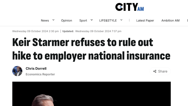 GIT Yan

News Y Opinion Sport Y LIFE&STYLE Y Latest Paper Ambition AM

Wearesthay OS Cetuhe: 2024 2°50 jan Updated: Vf-deesday COC. tase 2OF4 237 in

Keir Starmer refuses to rule out
hike to employer national insurance

Chris Dorrell .
° Share
Economics Reporter