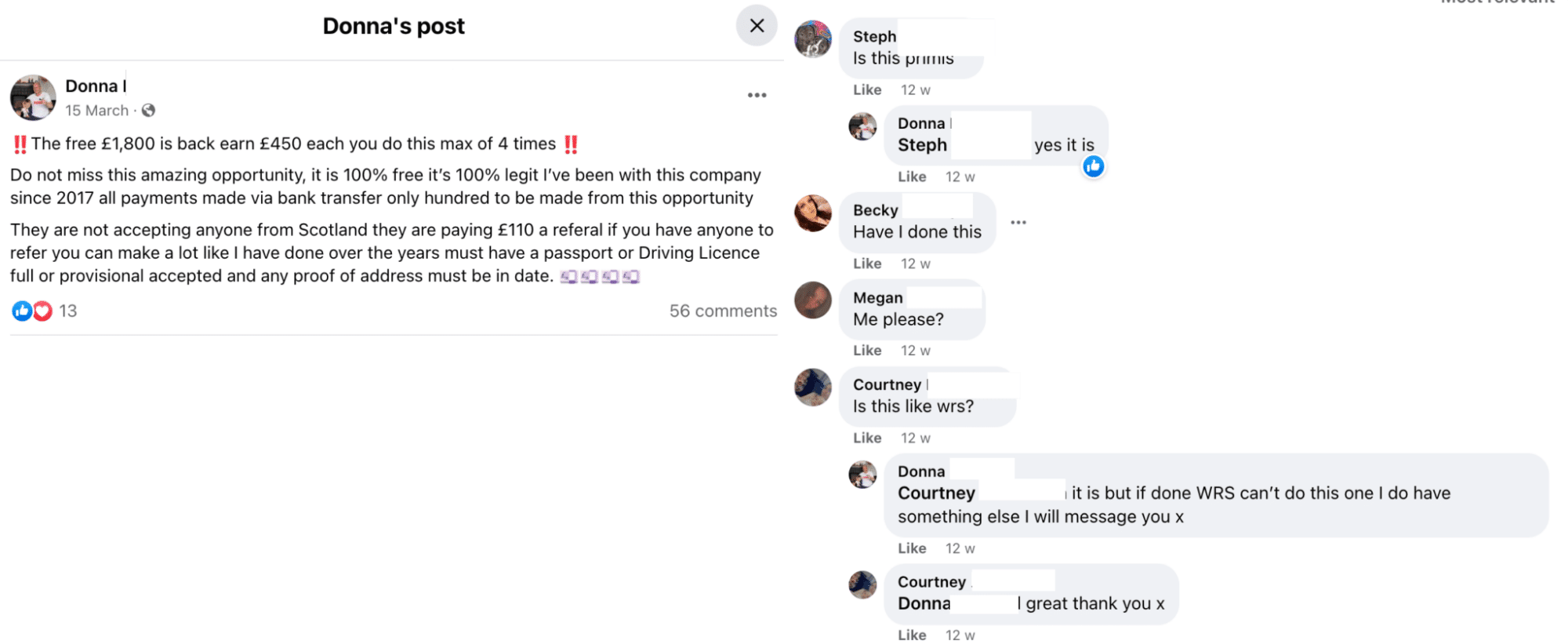 the free £1,600 is back - £450 each you do it a max of 4 times. Then dozens of comments from interested people.