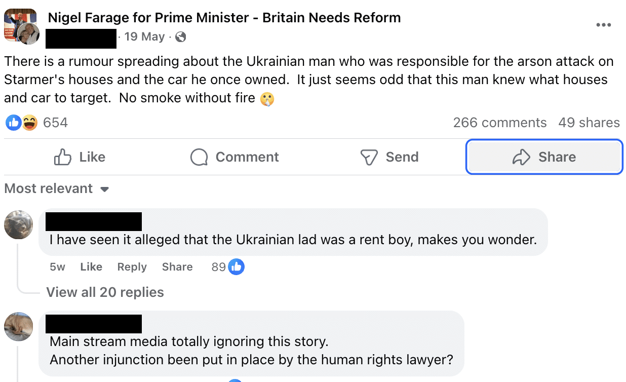 Facebook comments spreading false rumours about Keir Starmer and rent boys
