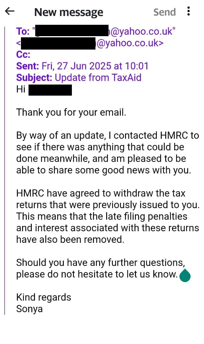 An email from TaxAid to Andrea, telling Andrea that HMRC have agreed to cancel the assessments