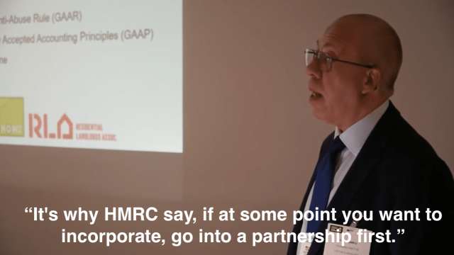 Tony Gimple saying "It's why HMRC say, if at some point you want to incorporate, go into a partnership first."