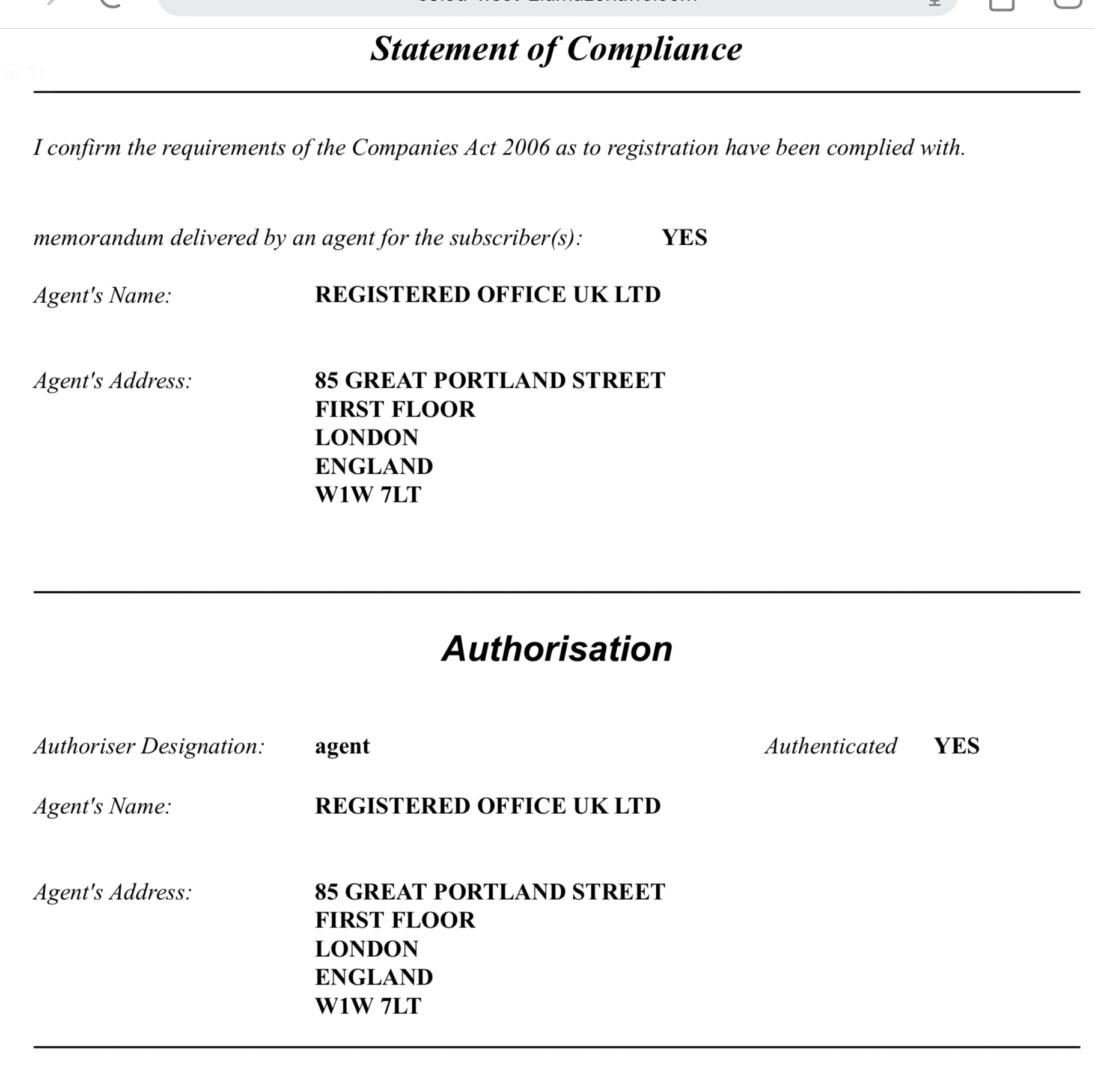 statement of compliance in which Registered Office UK Ltd says it confirms the requirements of the Companies Act have been complied with