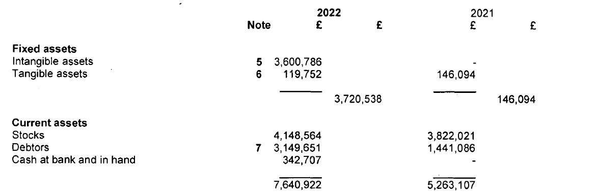 Axiom's balance sheet showing total assets of £5.4m in 2021 and £11.3m in 2022.