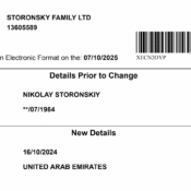 Companies House filing showing Nikolay Storonsky changing his residence from UK to UAE