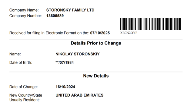 Companies House filing showing Nikolay Storonsky changing his residence from UK to UAE