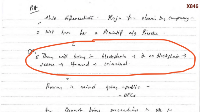 A handwritten note by Claire Gill saying: They will bring in blockchain -> if no blockchain -> scam -> fraud -> criminal