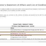 Appendix A —Director’s Statement of Affairs and List of Creditors

The Joint Administrators have been notified of additional unsecured creditor claims beyond those included in the Director's Stalement of Affairs. In accordance
with Rule 3.35 (i)(i) and R3.35 (2) and (3) IR16 a list of creditors has been provided

The Faorvis Mazars Joint Administrators pass no comment on the creditors list below and provide this list with the sole purpose of complying with their
interpretation of the relevant sections of [R16

Company Creditor - Schedule B - Creditors
PPE Madpro Limited (Registered Number - 12597000)
Key Name Address Amount Of Debt £

CADOGO Ange'o (PTC) Lemited ga Samuel Karns House, & 11 St Georges Strect, Douglas. Isic of Mar IM? 1AL 1,000.060.00

eM Revenue & Customs

x00 Pus 2 eeravonal LUND foo! New ofree. square, Londo, 38 SIEKNOW
codes Trasspertect Legal 33 Arigate House. London. EC3N 14H unknown
CT0001 The Depanment of Health and Social Care Ministenal Correspondence and Public Enquiries Uni. 39 Viciona Street, London. SWtH OEU 148.045.993.00

6 entries totalling 188,262,228.88