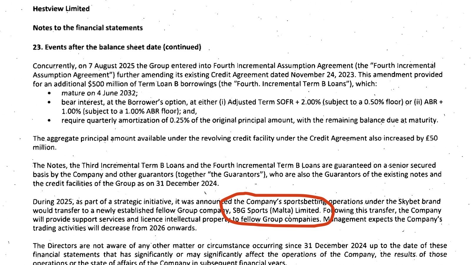 Hestview Limited
Notes to the financial statements
23. Events after the balance sheet date (continued)

Concurrently, on 7 August 2025 the Group entered into Fourth Incremental Assumption Agreement (the “Fourth incremental
Assumption Agreement”) further amending its existing Credit Agreement dated November 24, 2023. This amendment pravided
for an additional $500 million of Term Loan B borrowings (the “Fourth. Incremental Term 8 Loans”), which:
* mature on 4 June 2032;
¢ bear interest, at the Borrower's option, at either (i) Adjusted Term SOFR + 2.00% (subject to a 0. 50% floor) or (ii) ABR +
1.00% (subject to a 1.00% ABR floor); and,
* require quarterly amortization of 0.25% of the original principal amount, with the remaining batance due at maturity.

The aggregate principal amount available under the revolving credit facility under the Credit Agreement also increased by £50
mittion.

The Notes, the Third Incremental Term B Loans and the Fourth Incremental Term B Loans are guaranteed on a-senior secured
basis by the Company and other guarantors (together “the Guarantors}, who are also the Guarantors of the existing notes and
the credit facilities of the Group as on 31 December 2024. - :

N
Ouring 2025, as part of a strategic initiative, it was annourg€d the Campany’s sportsbettirm™
would transfer to a newly established fellow Group compagy, SBG Sports (Malta) Limited. Fo
will provide support services and licence intellectual propereio fellow Group companies.
trading activities will decrease from 2026 onwards.

gperations under the Skybet brand
owing this transfer, the Company
nagement expects the Company's

The Directors are not aware of any other matter or circumstance occurring since 31 December 2024 up to the date of these
financial statements that has significantly or may significantly affect the operations of the Company, the results. of those
nneratiane or the ctatre af affaire af tho Caomnany in cuhcequent financial vears