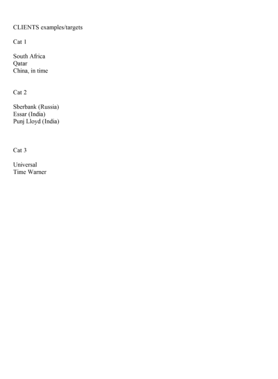 CLIENTS examples‘targets
Cal
South Africa
Qatar
China, in time
Caz
Sberbank (Russia)
Essar (India)
Punj Lloyd (India)
Cat3
Universal
Time Warner