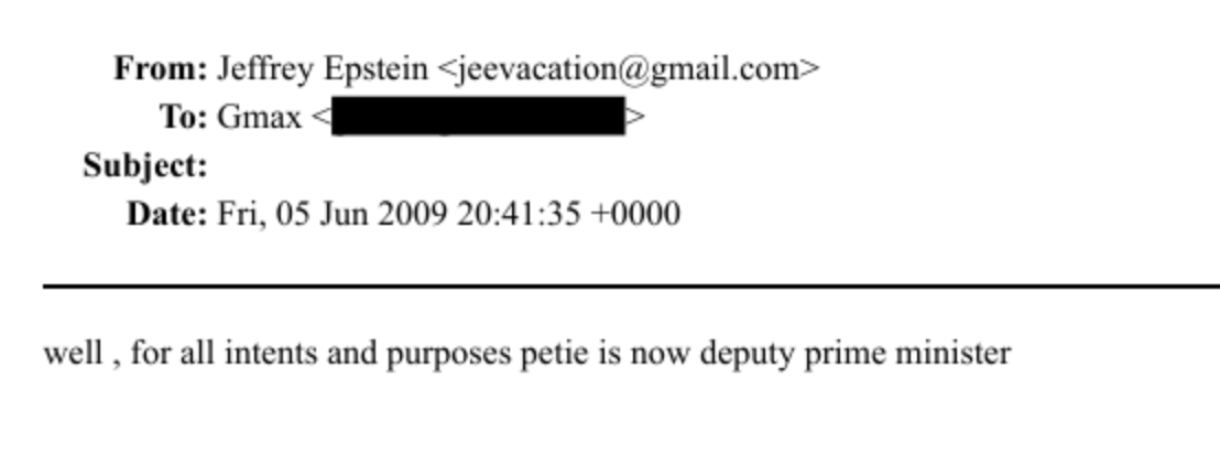 From: Jeffrey Epstein + jeesacationa gmail.com -
To: Gimax - a -
Subject:
Date: Fri. 0S Jun 2009 20:41:35 +0000
well. for allintents and purposes pelic is now deputy prime minister