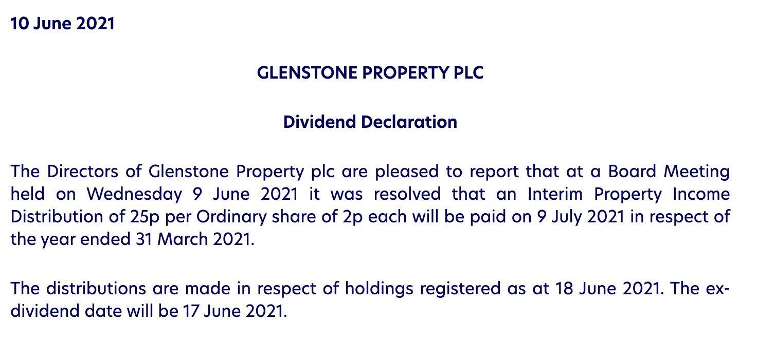 Glenstone REIT showing declaration of a property income distribution