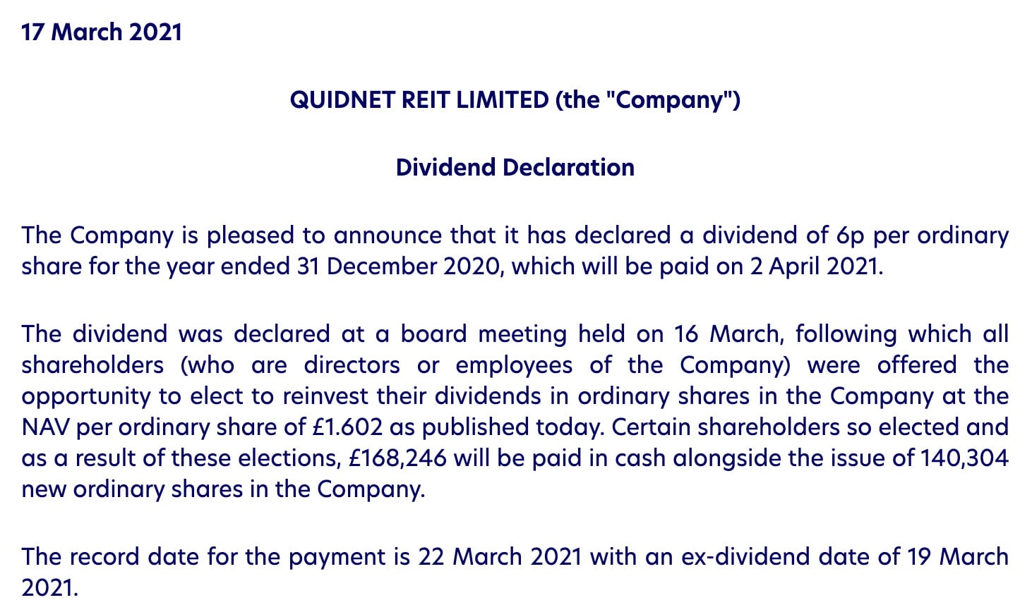 Quidnet dividend declaration showing no property income distribution