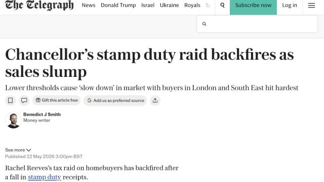 Telegraph headline: Chancellor’s stamp duty raid backfires as sales slump