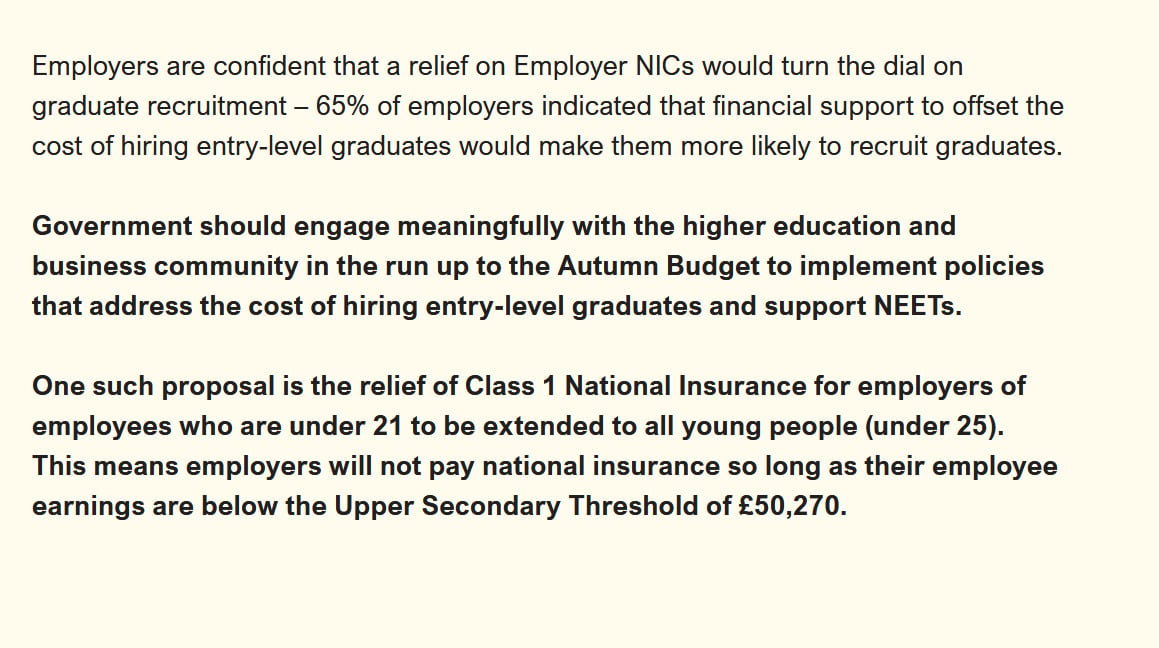 Employers are confident that a relief on Employer NICs would turn the dial on
graduate recruitment — 65% of employers indicated that financial support to offset the
cost of hiring entry-level graduates would make them more likely to recruit graduates.
Government should engage meaningfully with the higher education and
business community in the run up to the Autumn Budget to implement policies
that address the cost of hiring entry-level graduates and support NEETs.
One such proposal is the relief of Class 1 National Insurance for employers of
employees who are under 21 to be extended to all young people (under 25).
This means employers will not pay national insurance so long as their employee
earnings are below the Upper Secondary Threshold of £50,270.