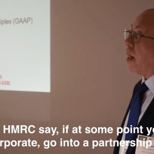Tony Gimple saying "It's why HMRC say, if at some point you want to incorporate, go into a partnership first."