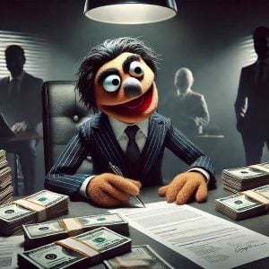 DALL·E 2025-02-13 10.28.04 - A photorealistic image of a puppet-like character resembling a Muppet, dressed in a business suit, sitting at a desk covered with fraudulent financial copy