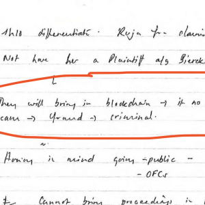 A handwritten note by Claire Gill saying: They will bring in blockchain -> if no blockchain -> scam -> fraud -> criminal